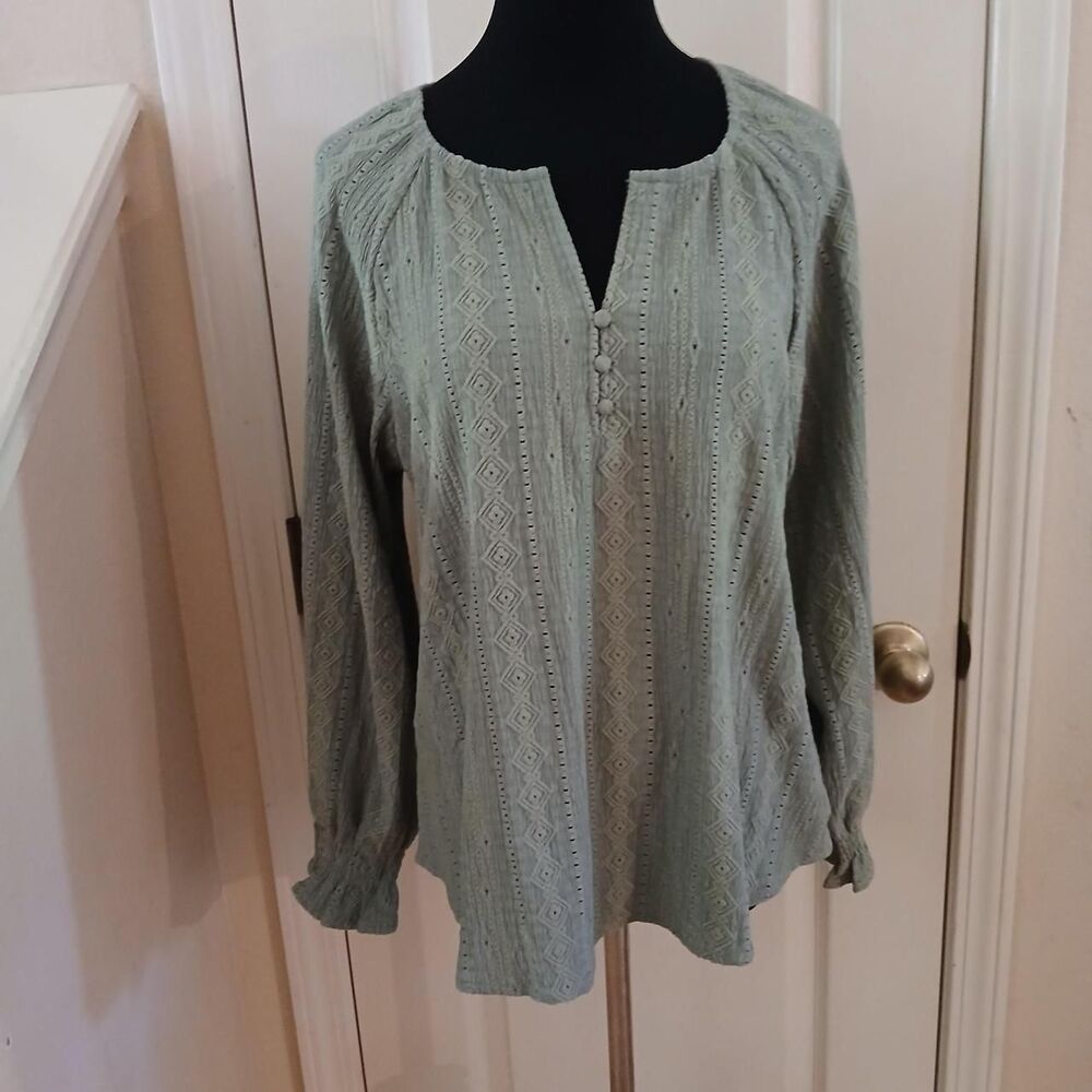 Frye Green Salt Breeze Textured Shirred Sleeve Notch Neck Boho Blouse M Granola